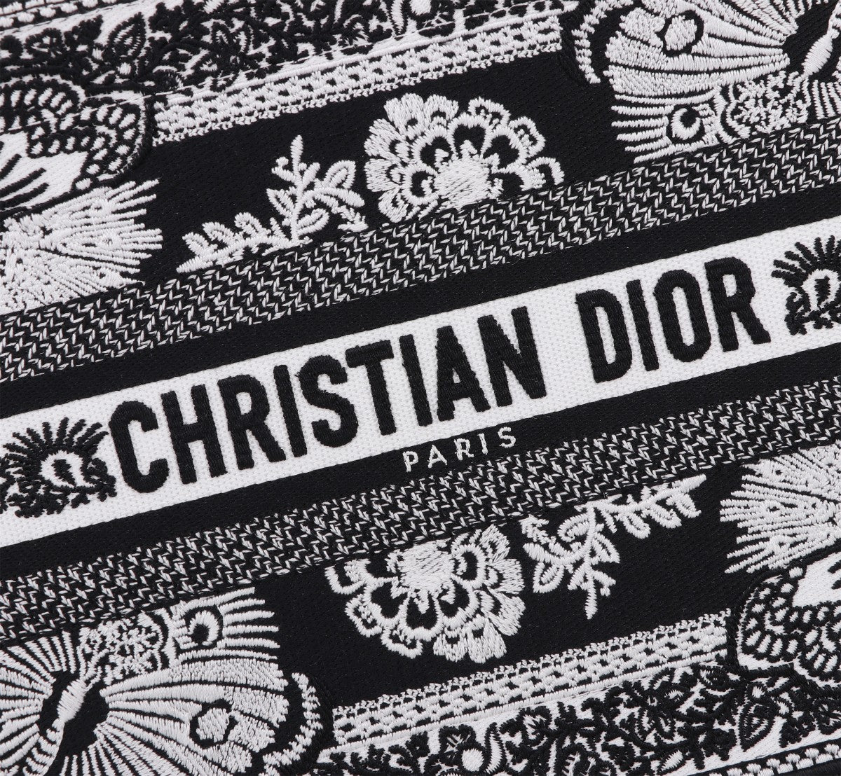 Dior Luxury Style Black and White Floral Embroidered Canvas Tote Bag