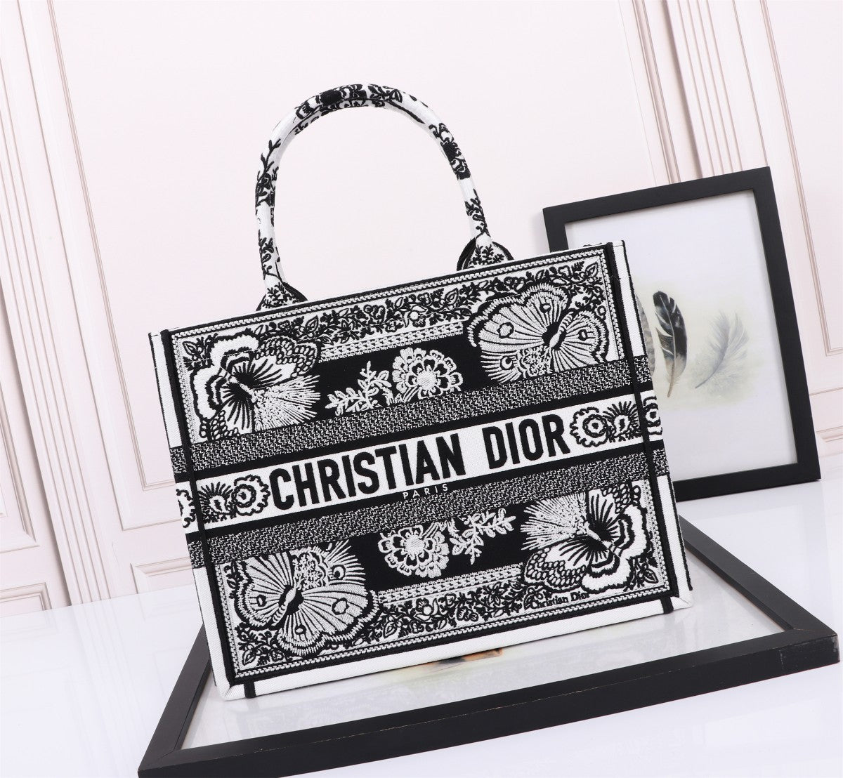 Dior Black and White Butterfly Print Embroidered Canvas Tote Bag