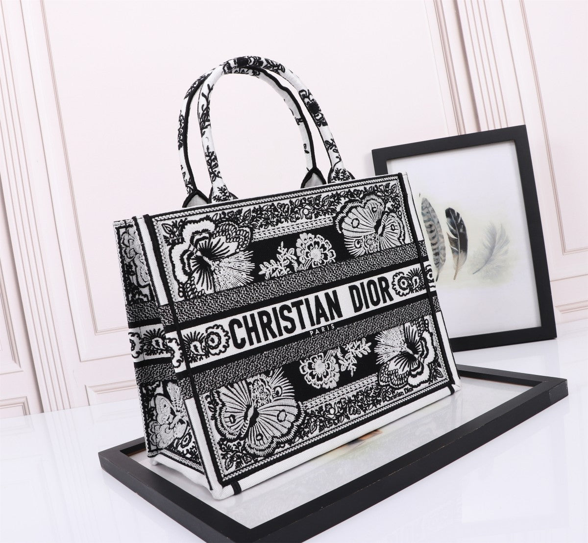Dior Black and White Butterfly Print Embroidered Canvas Tote Bag