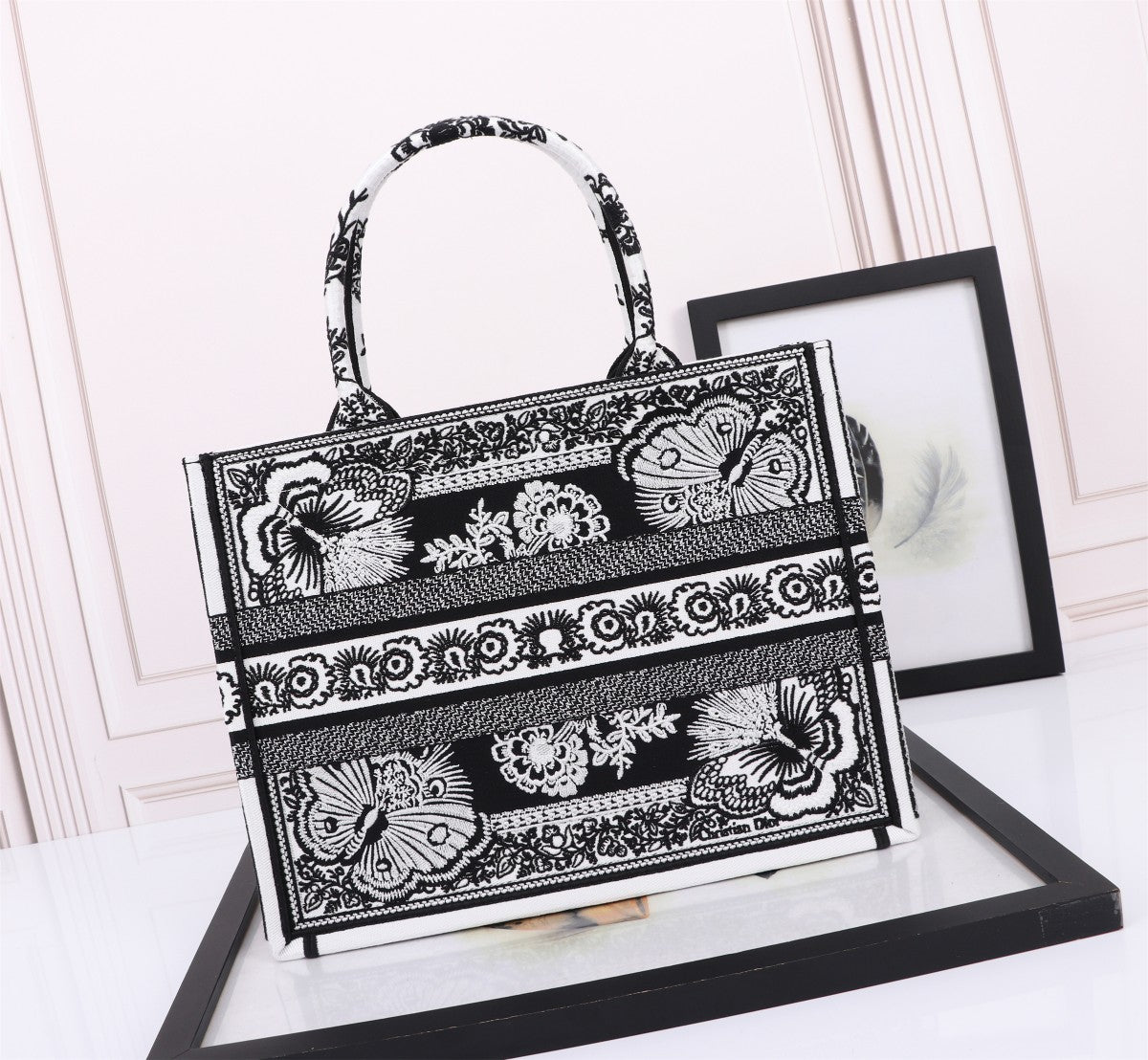 Dior Black and White Embroidered Butterfly Canvas Tote Handbag