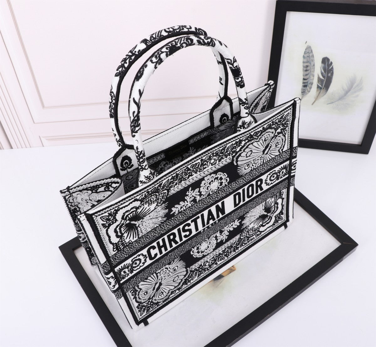 Dior Black and White Embroidered Butterfly Canvas Tote Handbag