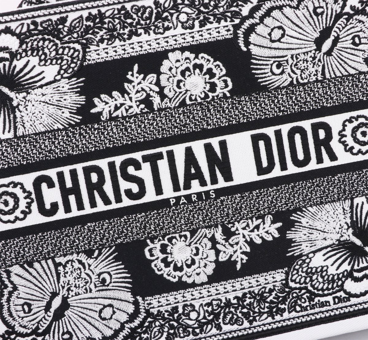 Christian Dior Book Tote Bag - Black and White Butterfly Around The World Embroidery