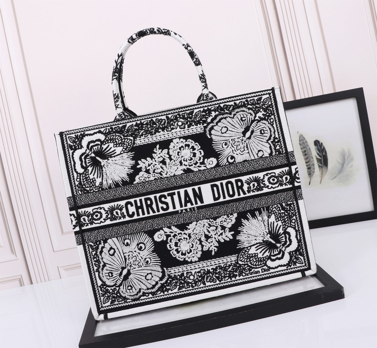 Dior Black and White Floral Butterfly Embroidered Canvas Tote Bag