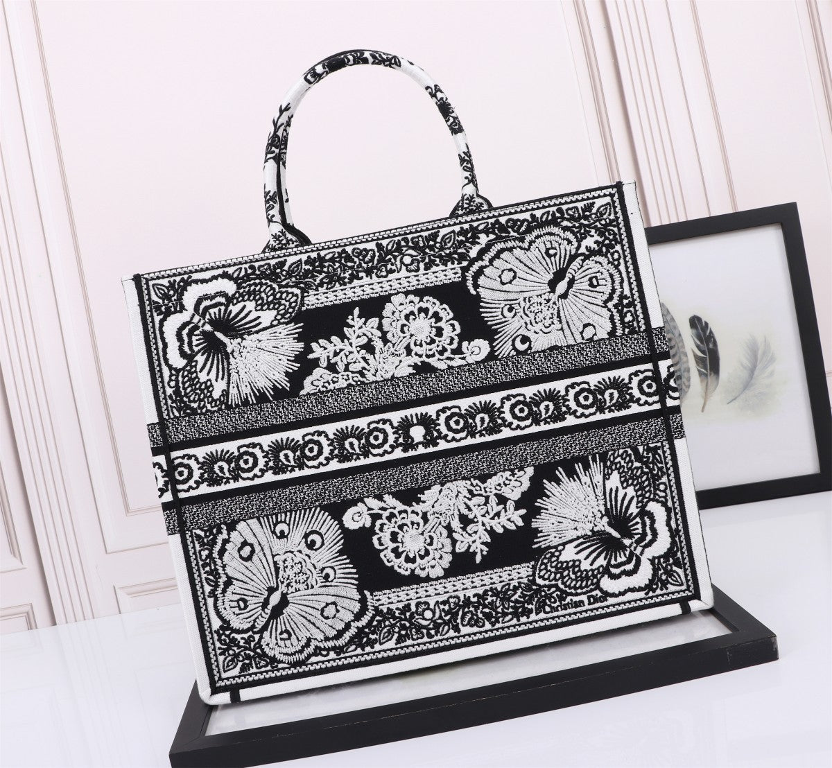 Dior Black and White Floral Butterfly Embroidered Canvas Tote Bag
