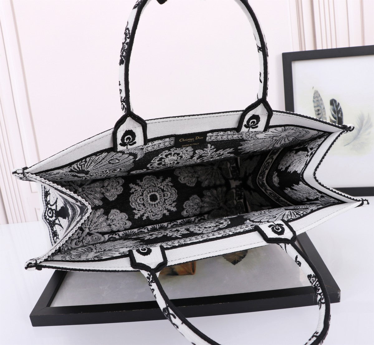 Christian Dior Large Book Tote Black and White Butterfly Embroidered Canvas Bag