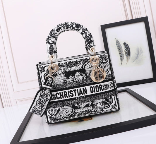 Dior Black and White Floral Embroidered Canvas Top Handle Handbag