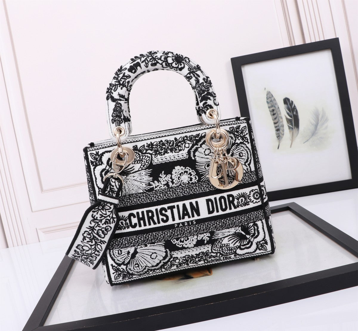 Dior Vintage Black and White Embroidered Canvas Top Handle Handbag