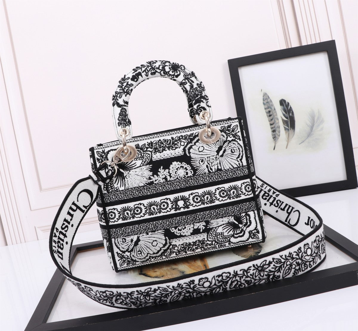 Dior Vintage Black and White Embroidered Canvas Top Handle Handbag