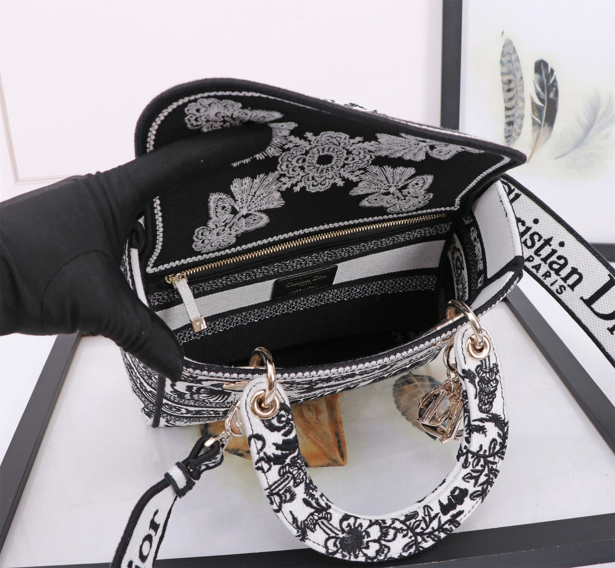 Dior Vintage Black and White Embroidered Canvas Top Handle Handbag