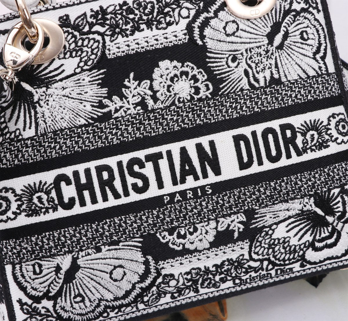 Dior Vintage Black and White Embroidered Canvas Top Handle Handbag