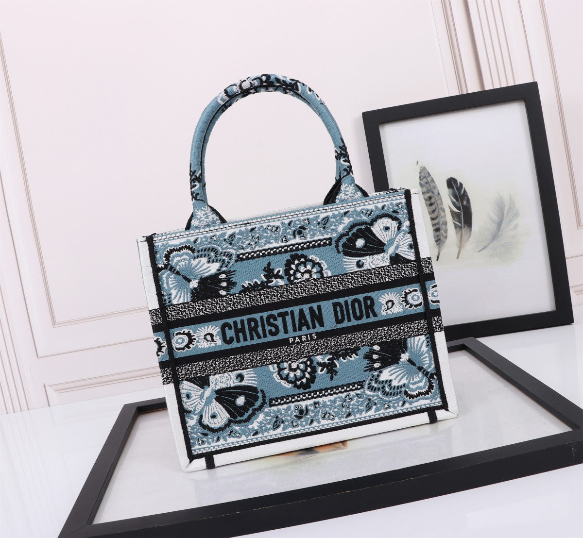 Dior Vintage Blue Embroidered Butterfly Canvas Top Handle Tote Bag
