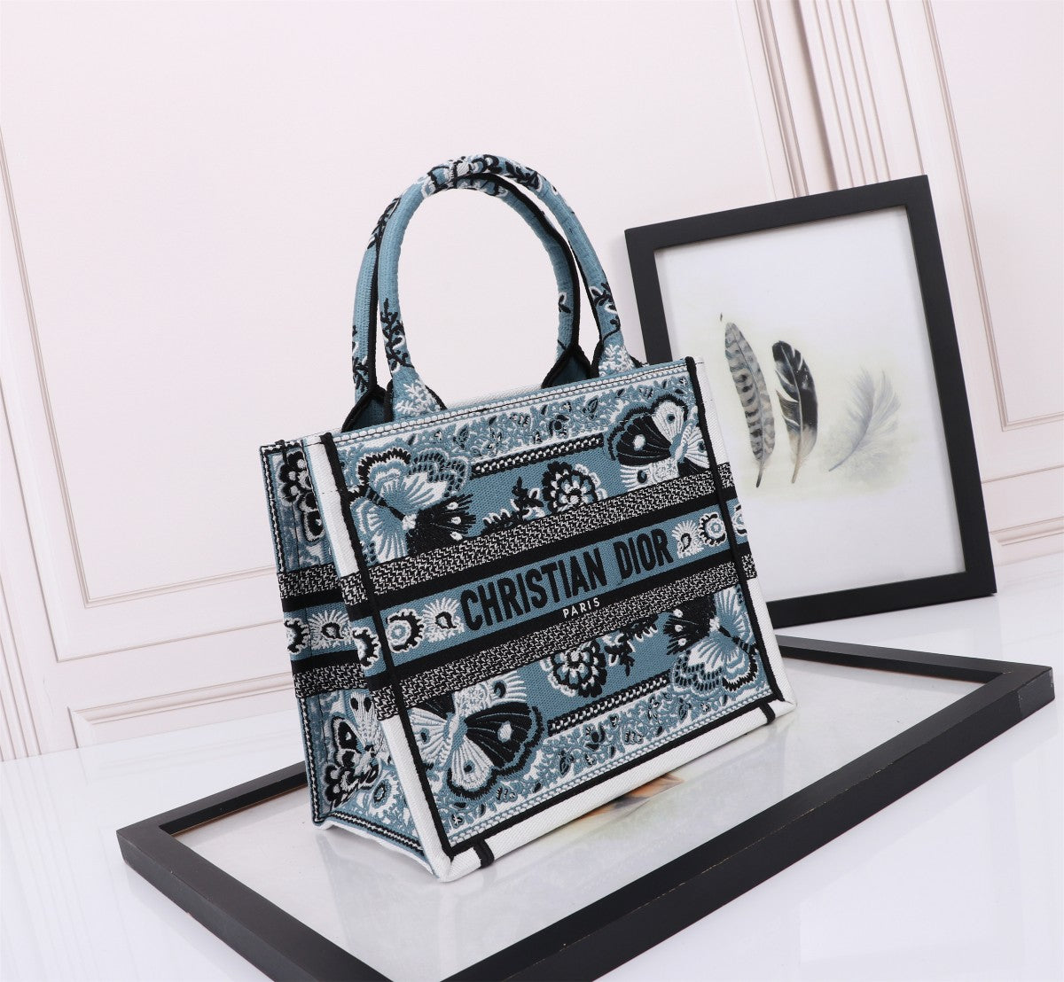 Dior Vintage Blue Embroidered Butterfly Canvas Top Handle Tote Bag