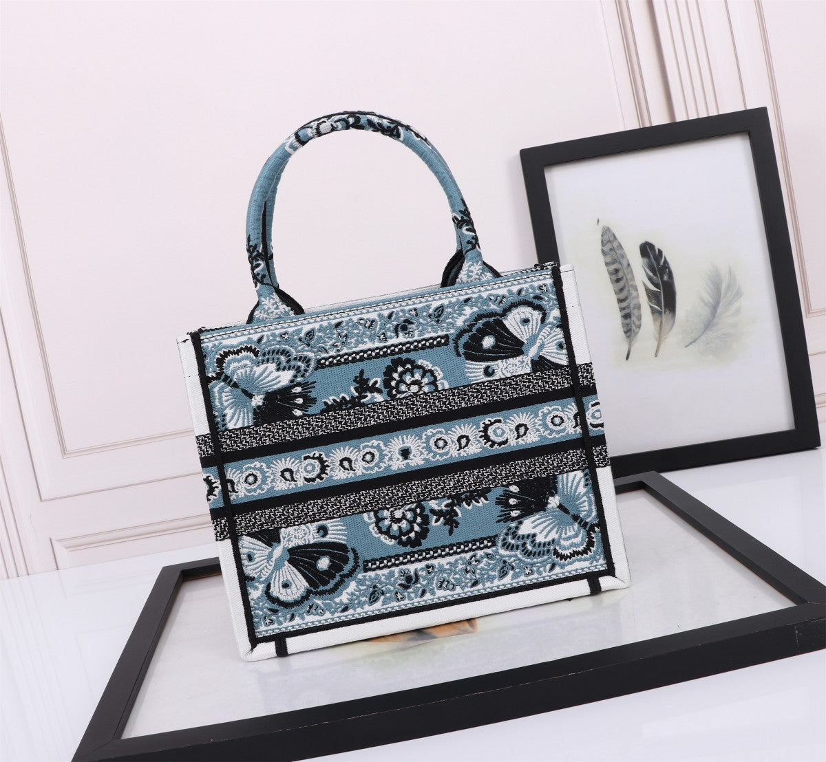 Dior Vintage Blue Embroidered Butterfly Canvas Top Handle Tote Bag
