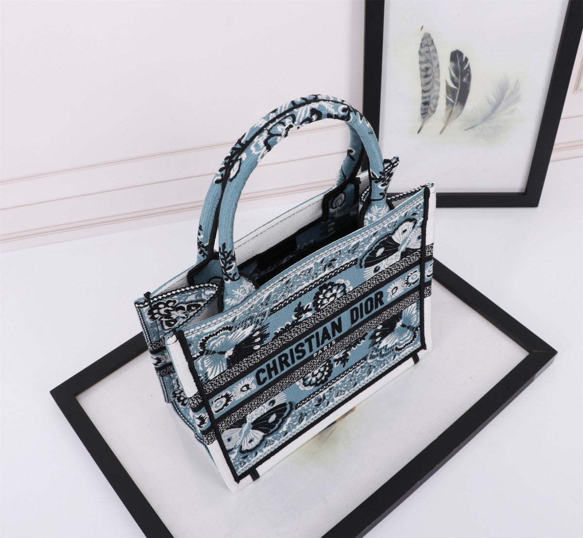 Dior Vintage Blue Embroidered Butterfly Canvas Top Handle Tote Bag