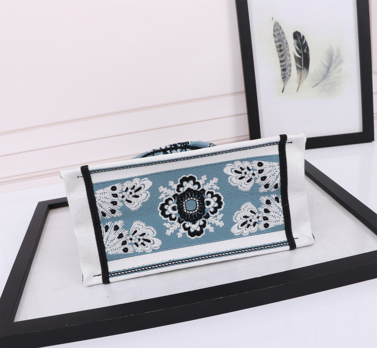 Dior Vintage Blue Embroidered Butterfly Canvas Top Handle Tote Bag