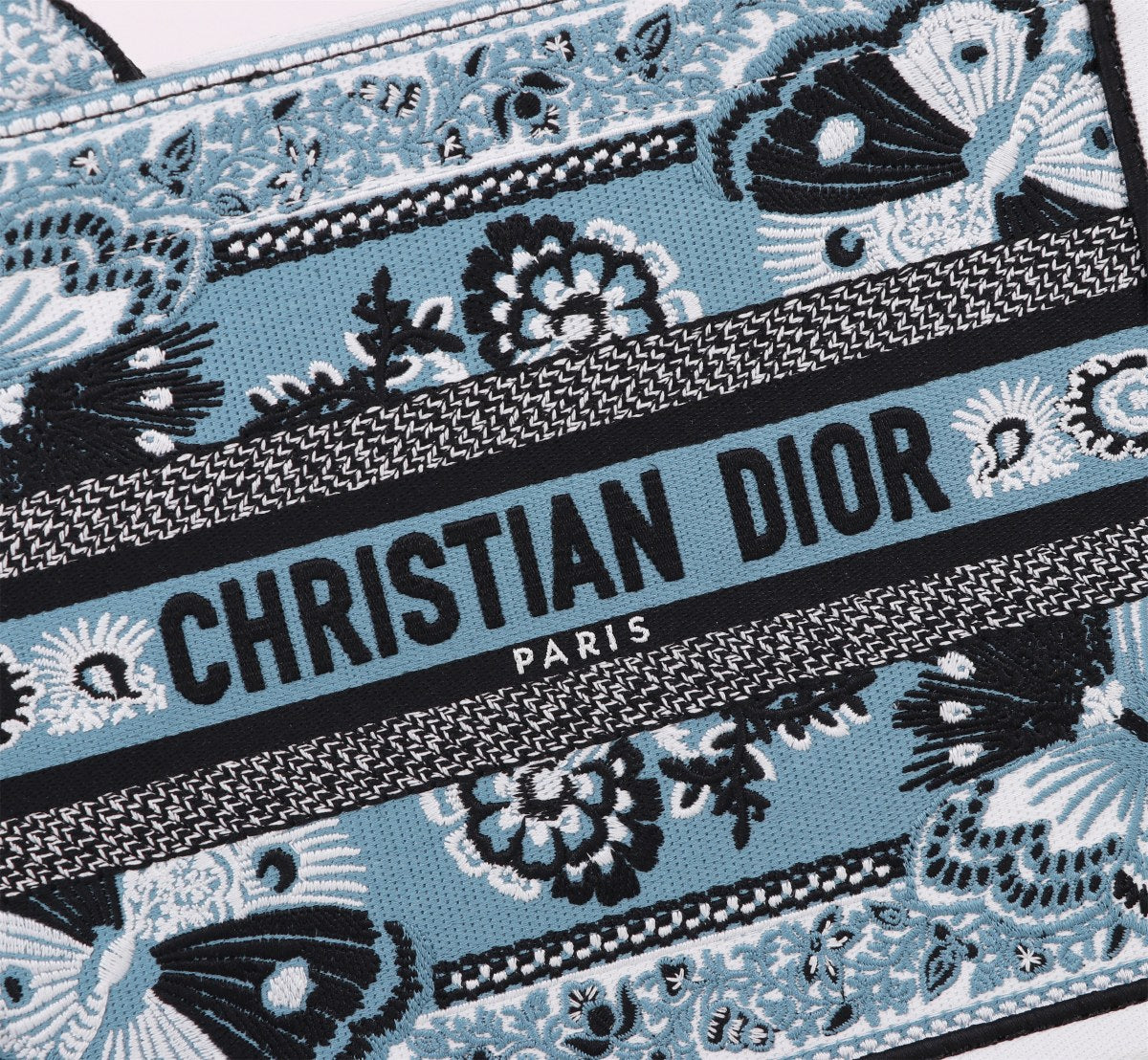 Dior Vintage Blue Embroidered Butterfly Canvas Top Handle Tote Bag