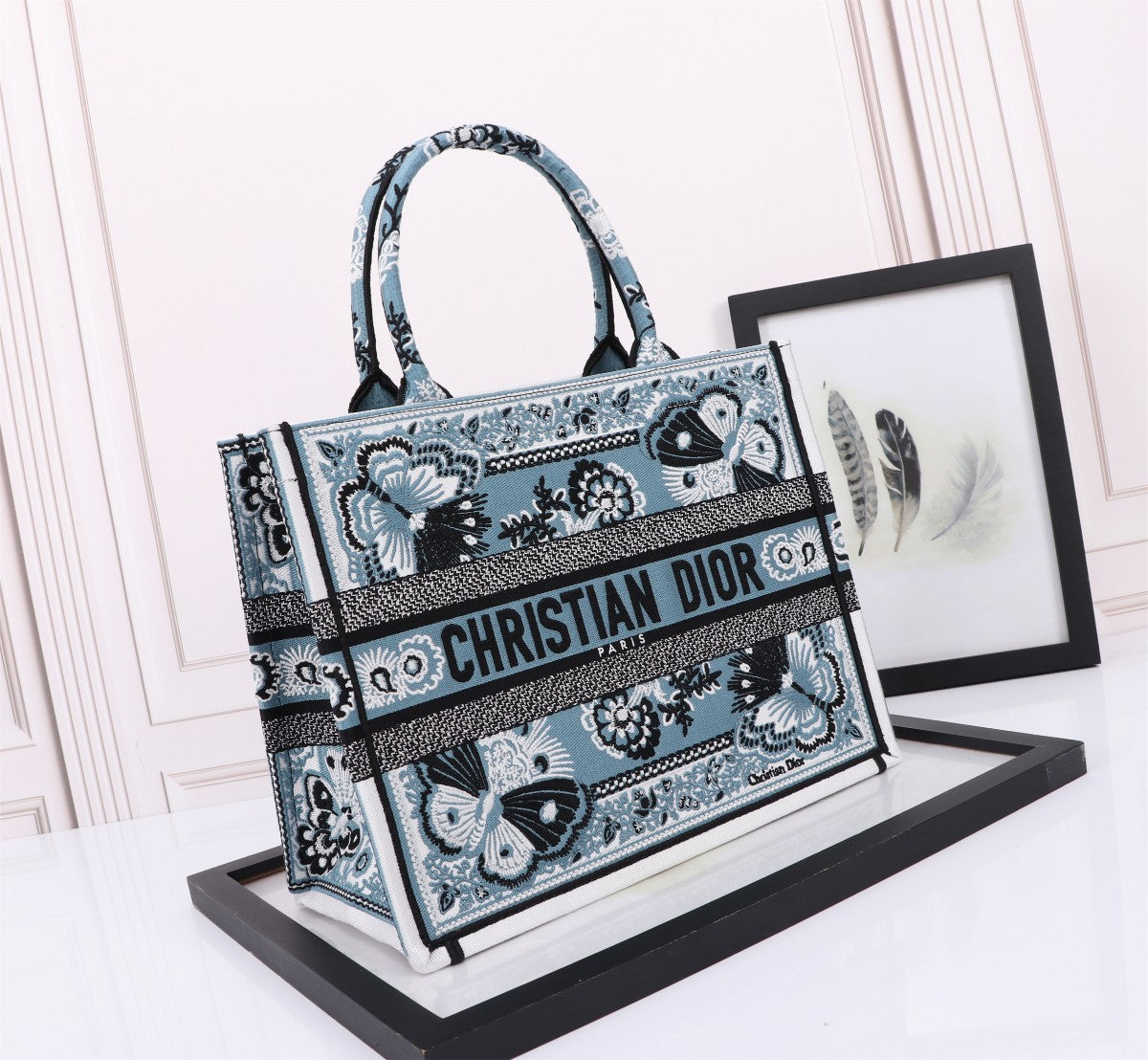 Dior Elegant Blue Butterfly Embroidered Canvas Top Handle Tote Bag