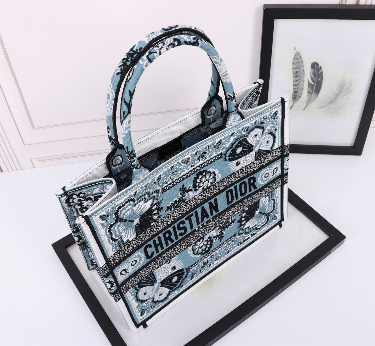 Dior Elegant Blue Butterfly Embroidered Canvas Top Handle Tote Bag