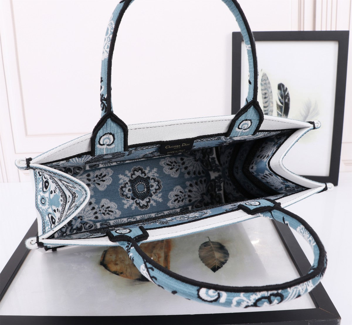 Dior Blue Butterfly Embroidered Canvas Tote Bag with Top Handles