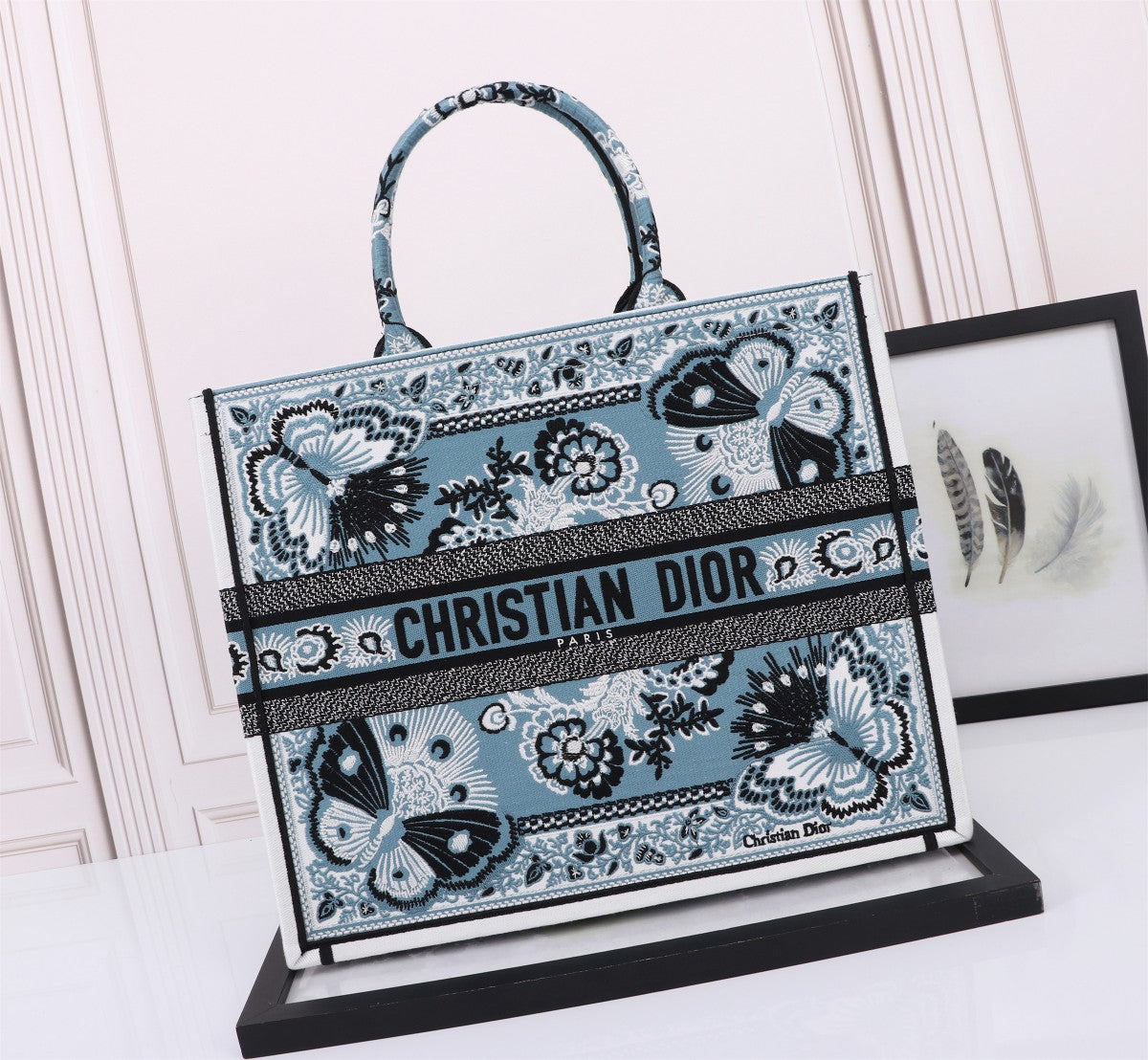Dior Blue Butterfly Embroidered Canvas Tote Bag with Top Handles
