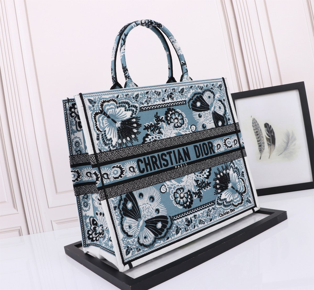 Dior Blue Butterfly Floral Embroidered Canvas Tote Bag Luxury Handbag