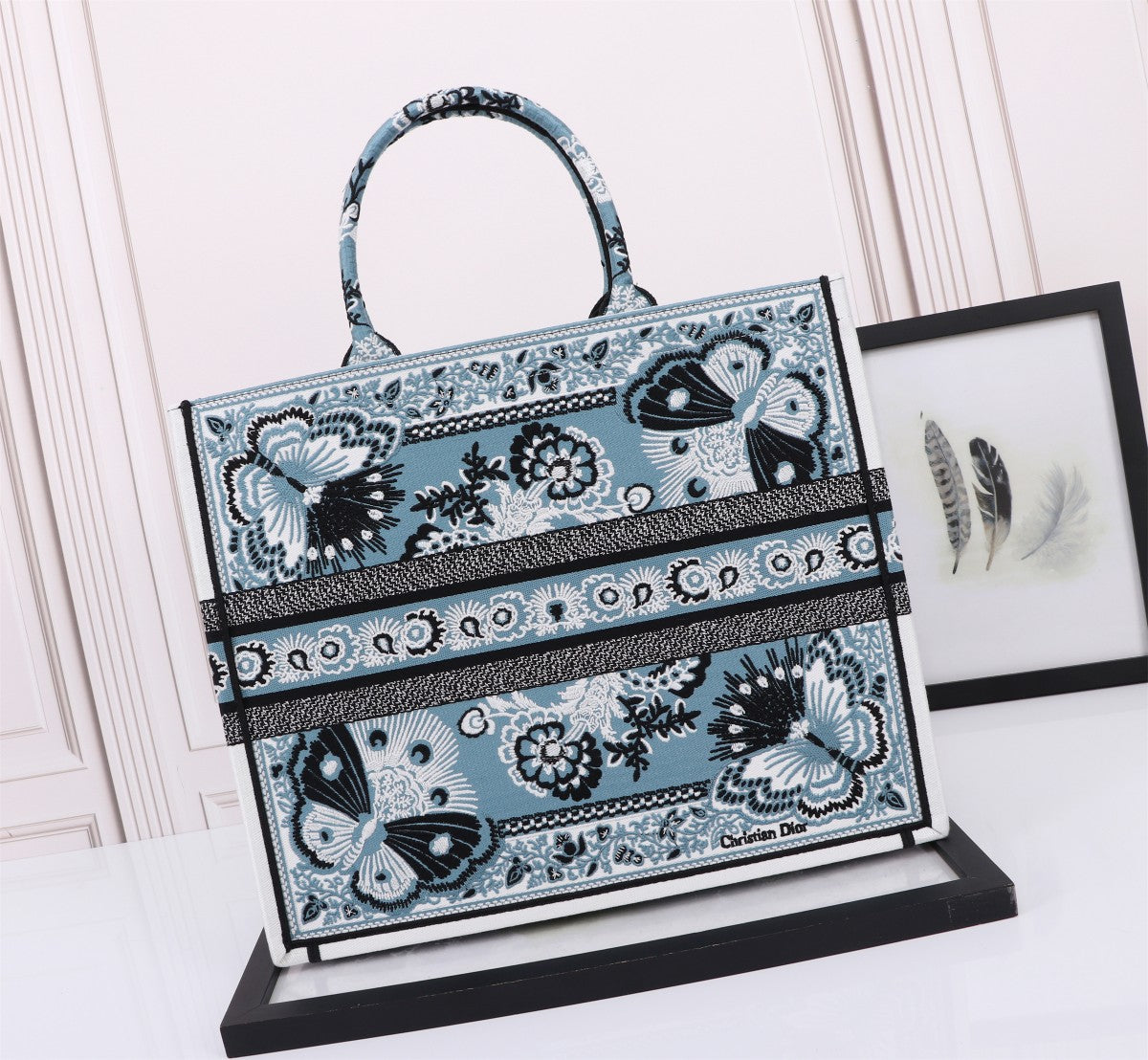 Dior Blue Butterfly Floral Embroidered Canvas Tote Bag Luxury Handbag