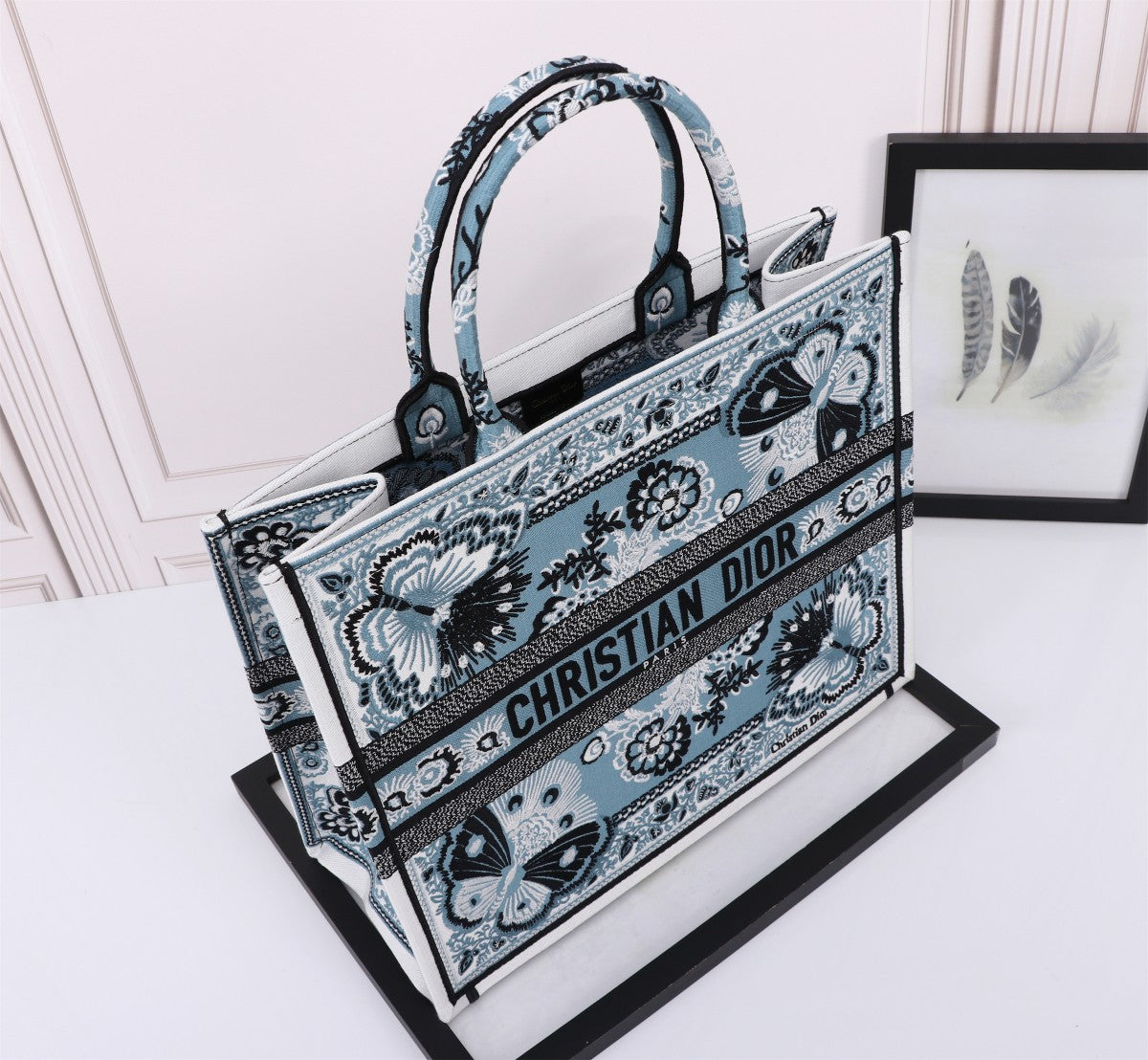 Dior Blue Butterfly Floral Embroidered Canvas Tote Bag Luxury Handbag