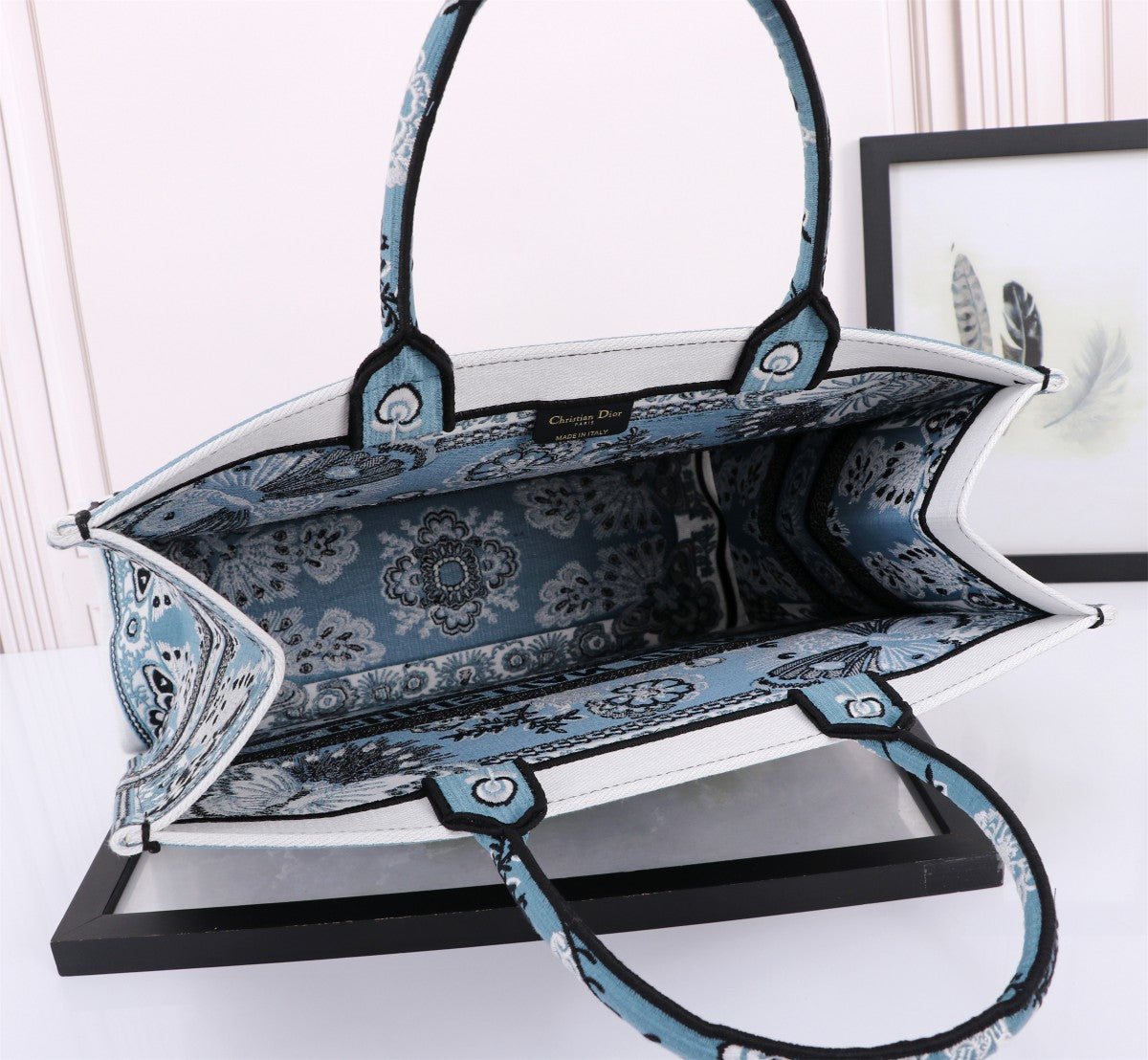Dior Blue Butterfly Embroidered Canvas Tote Bag with Top Handles