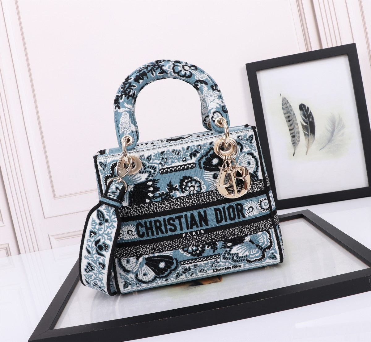 Dior Elegant Blue Floral Embroidered Canvas Top Handle Bag