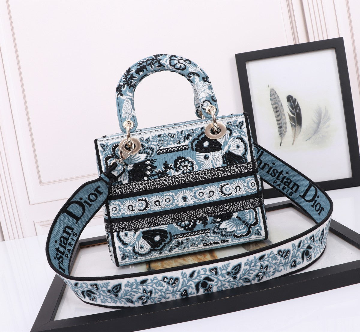 Dior Blue Embroidered Floral Canvas Top Handle Handbag with Strap