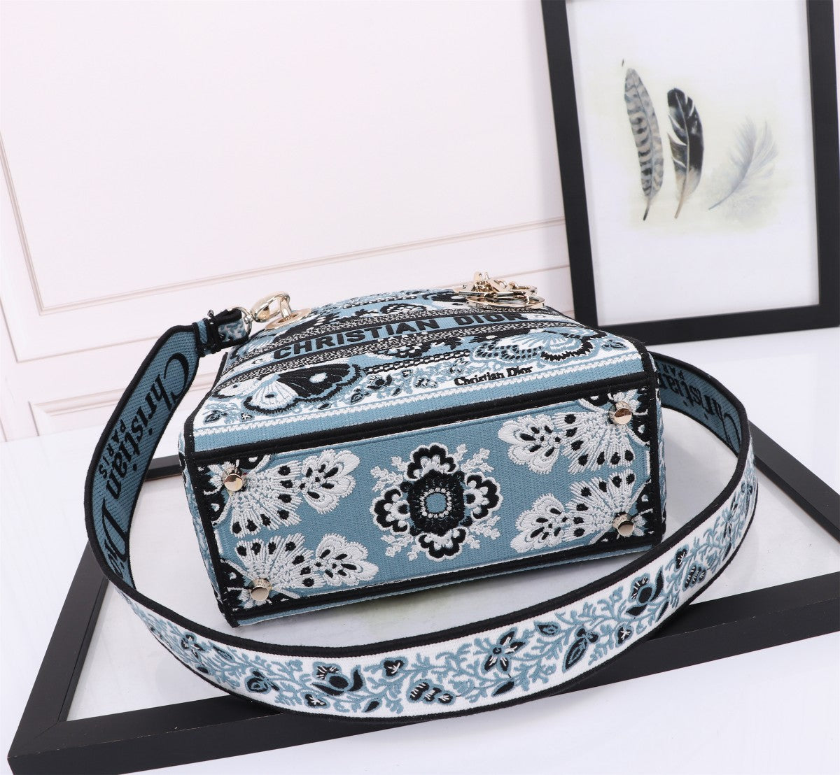 Dior Elegant Blue Floral Embroidered Canvas Top Handle Bag