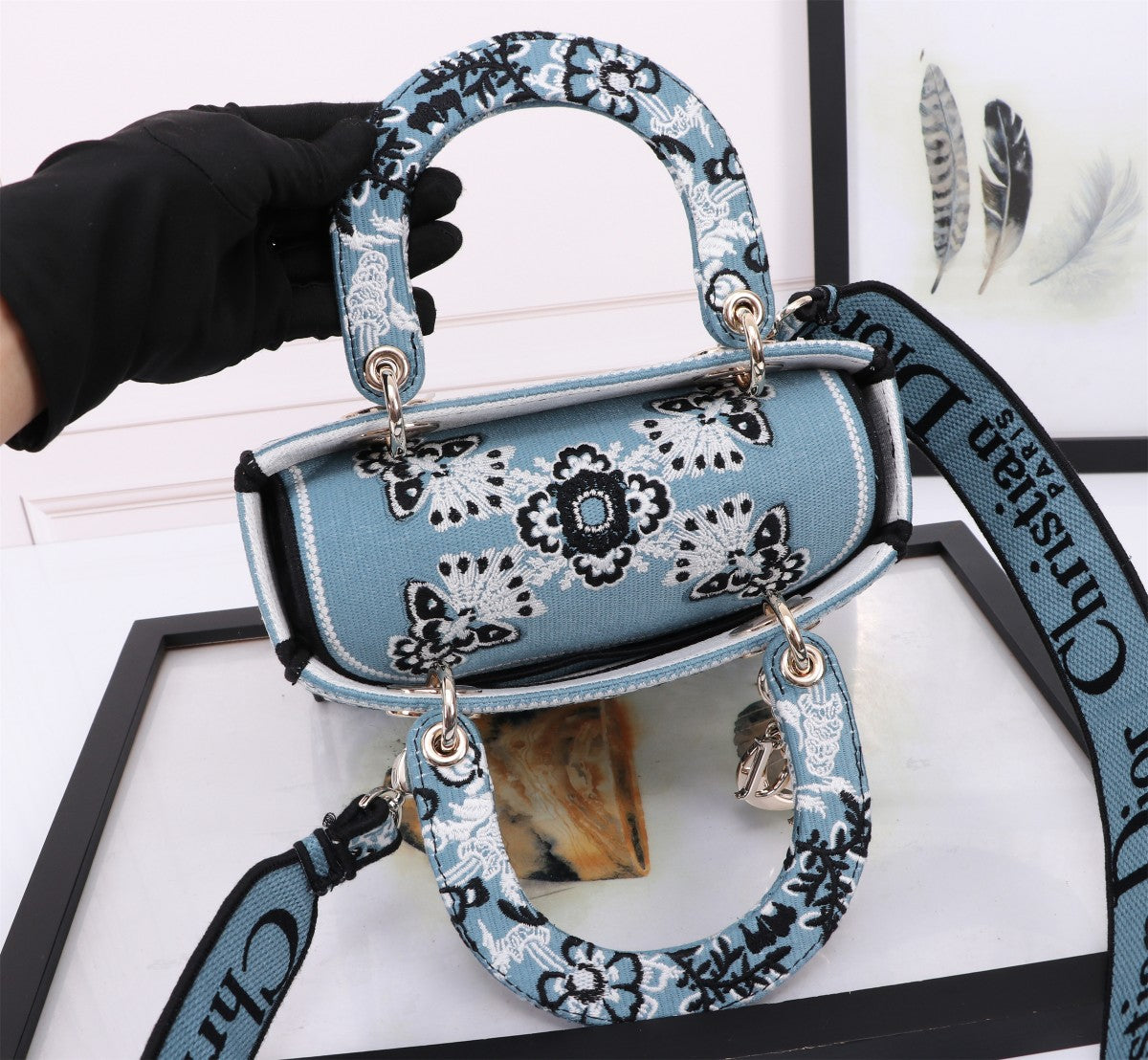 Dior Blue Embroidered Floral Canvas Top Handle Handbag with Strap