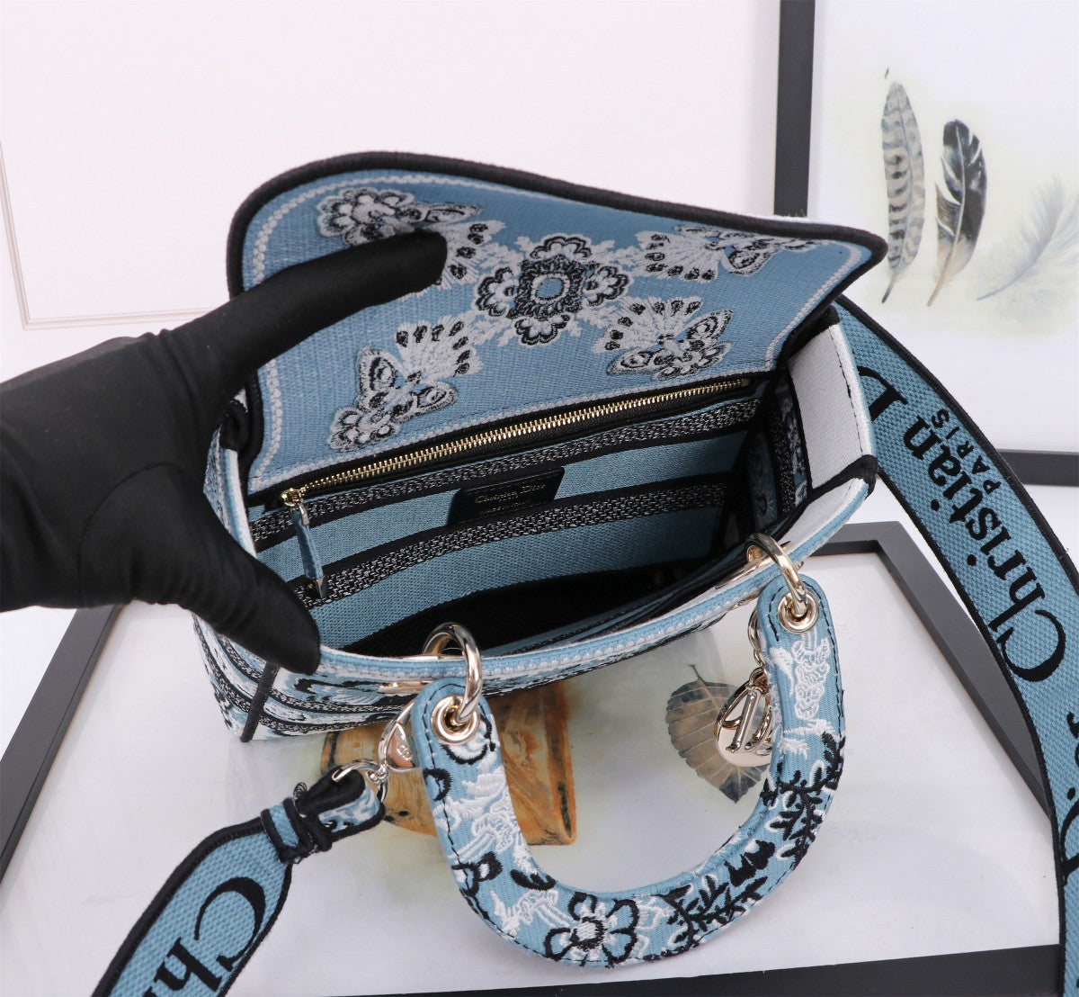 Dior Blue Embroidered Floral Canvas Top Handle Handbag with Strap