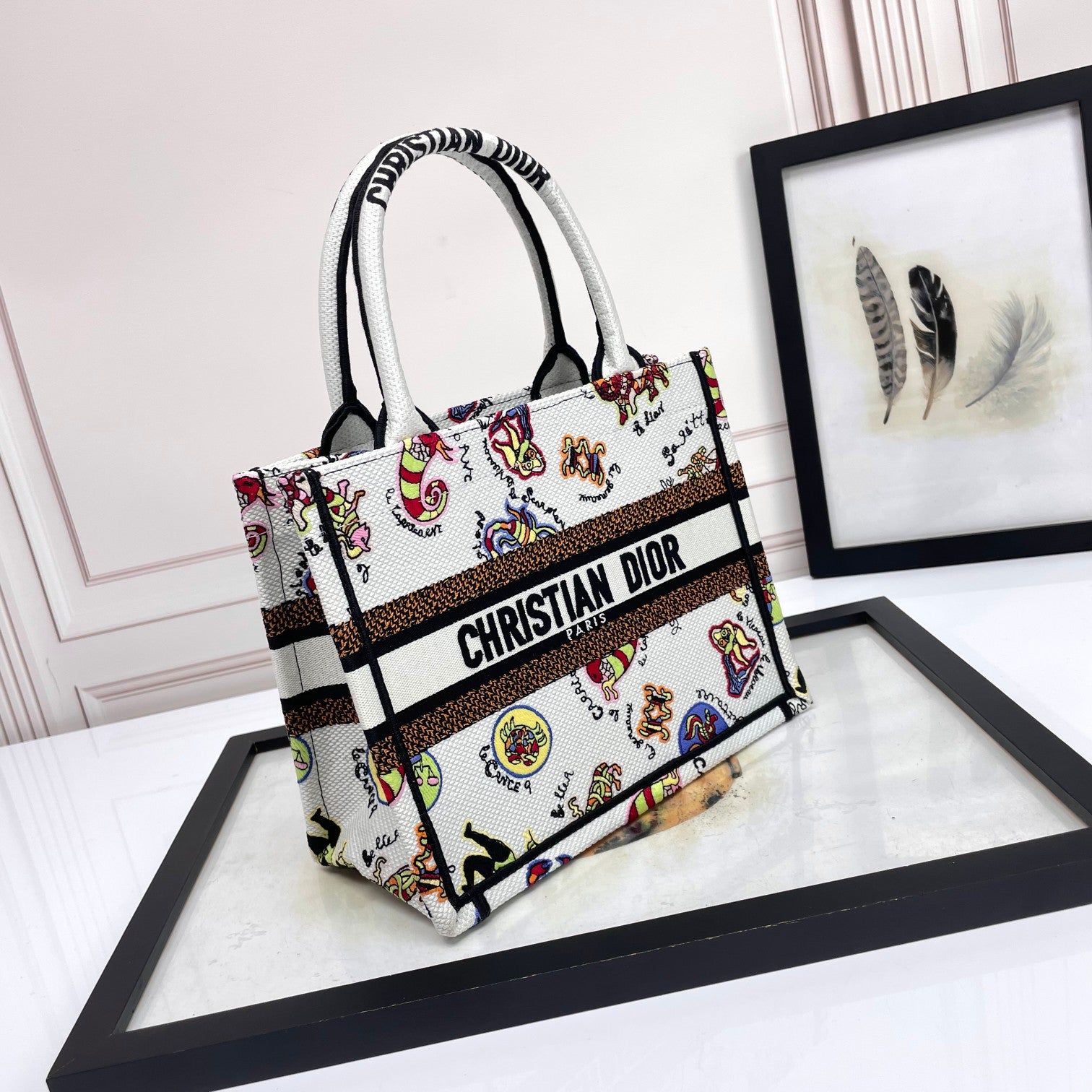 Dior Whimsical Cartoon Pattern Canvas Handbag Tote with Top Handles