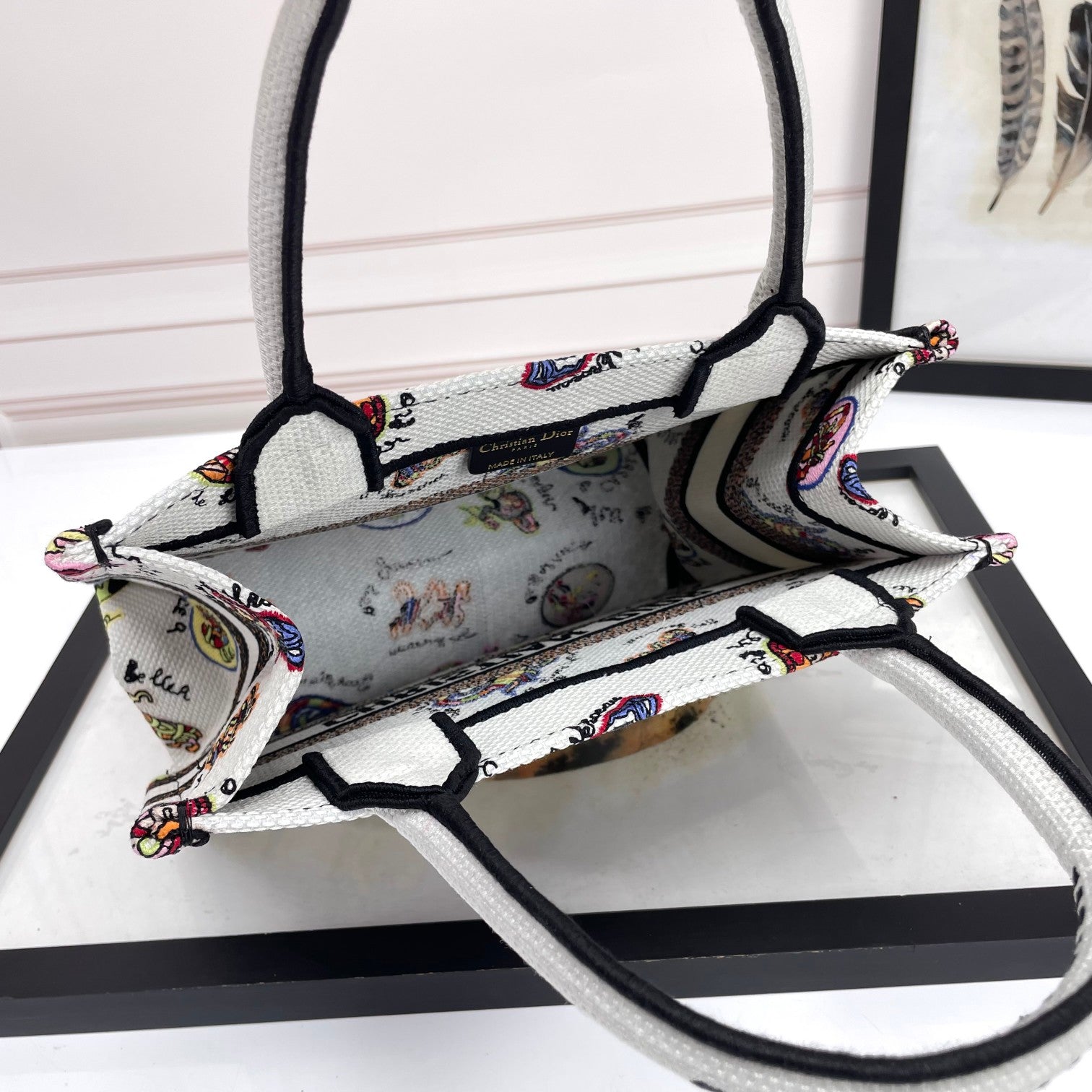 Dior Whimsical Cartoon Pattern Canvas Handbag Tote with Top Handles