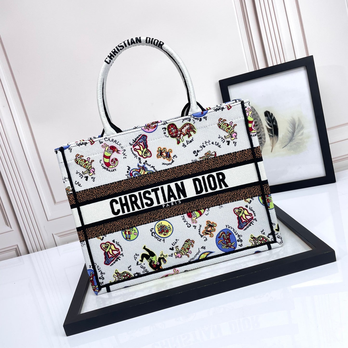 Dior Colorful Cartoon Print Canvas Top Handle Tote Handbag
