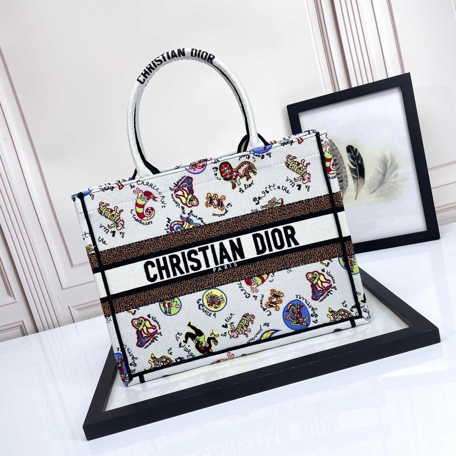 Dior Whimsical Cartoon Animal Print Large Canvas Tote Handbag