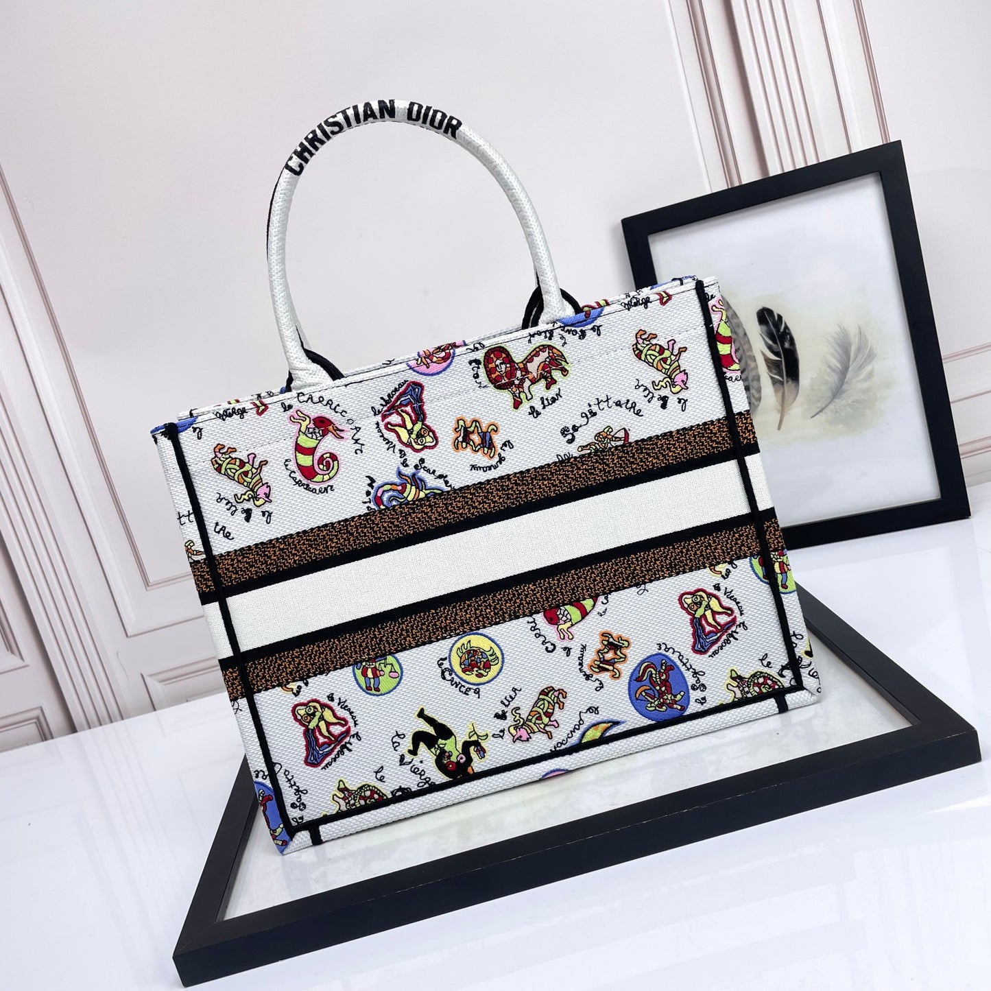 Dior Colorful Cartoon Print Canvas Top Handle Tote Handbag