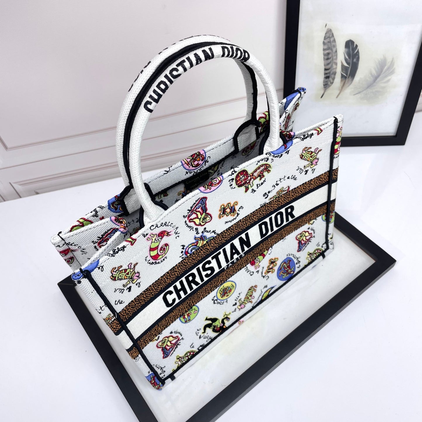 Christian Dior Large Book Tote Bag in White Multicolor Animal Print Embroidery