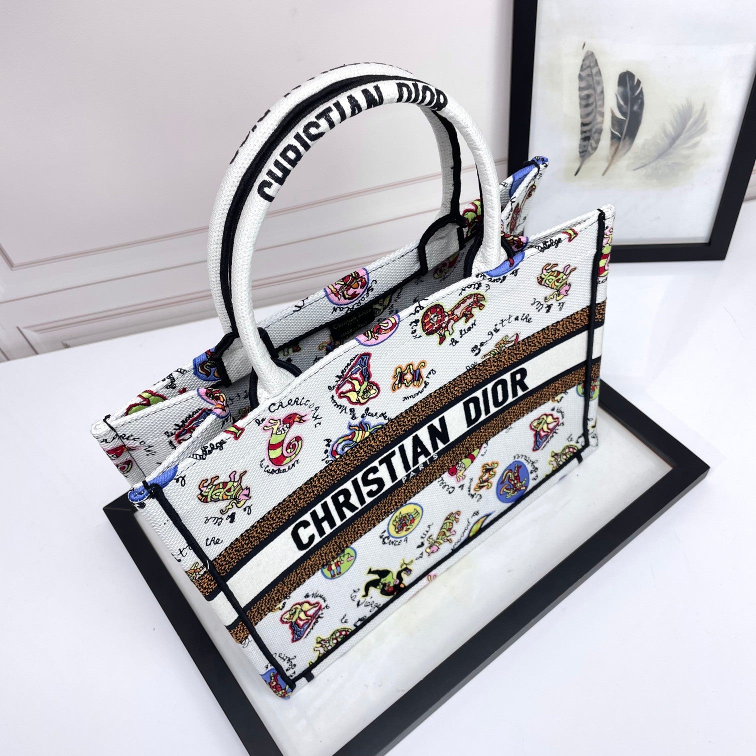 Dior Colorful Cartoon Print Canvas Top Handle Tote Handbag