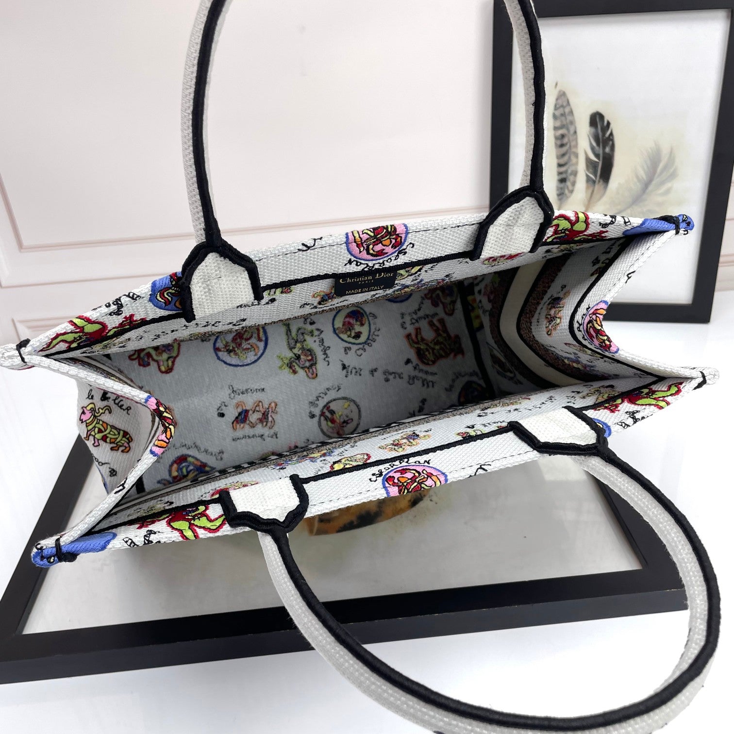 Christian Dior Large Book Tote Bag in White Multicolor Animal Print Embroidery