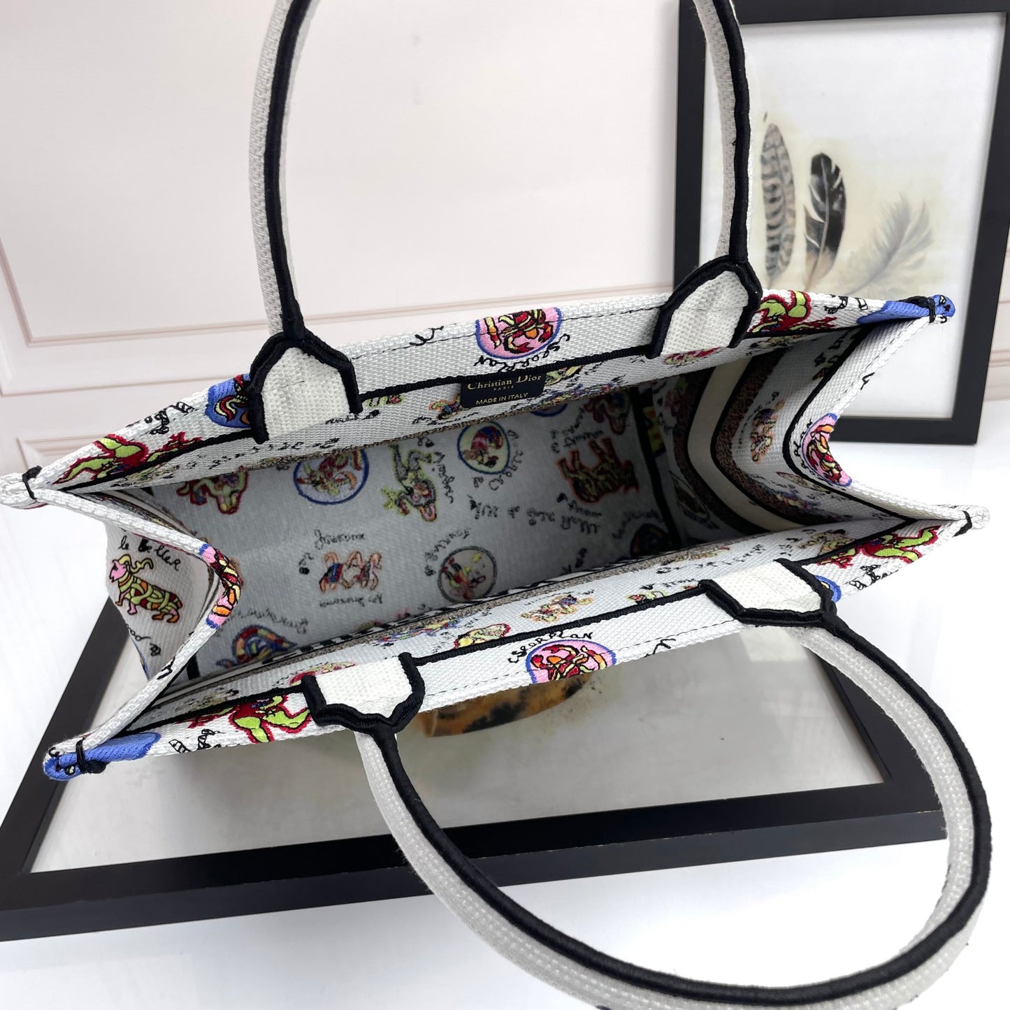 Dior Whimsical Cartoon Animal Print Large Canvas Tote Handbag