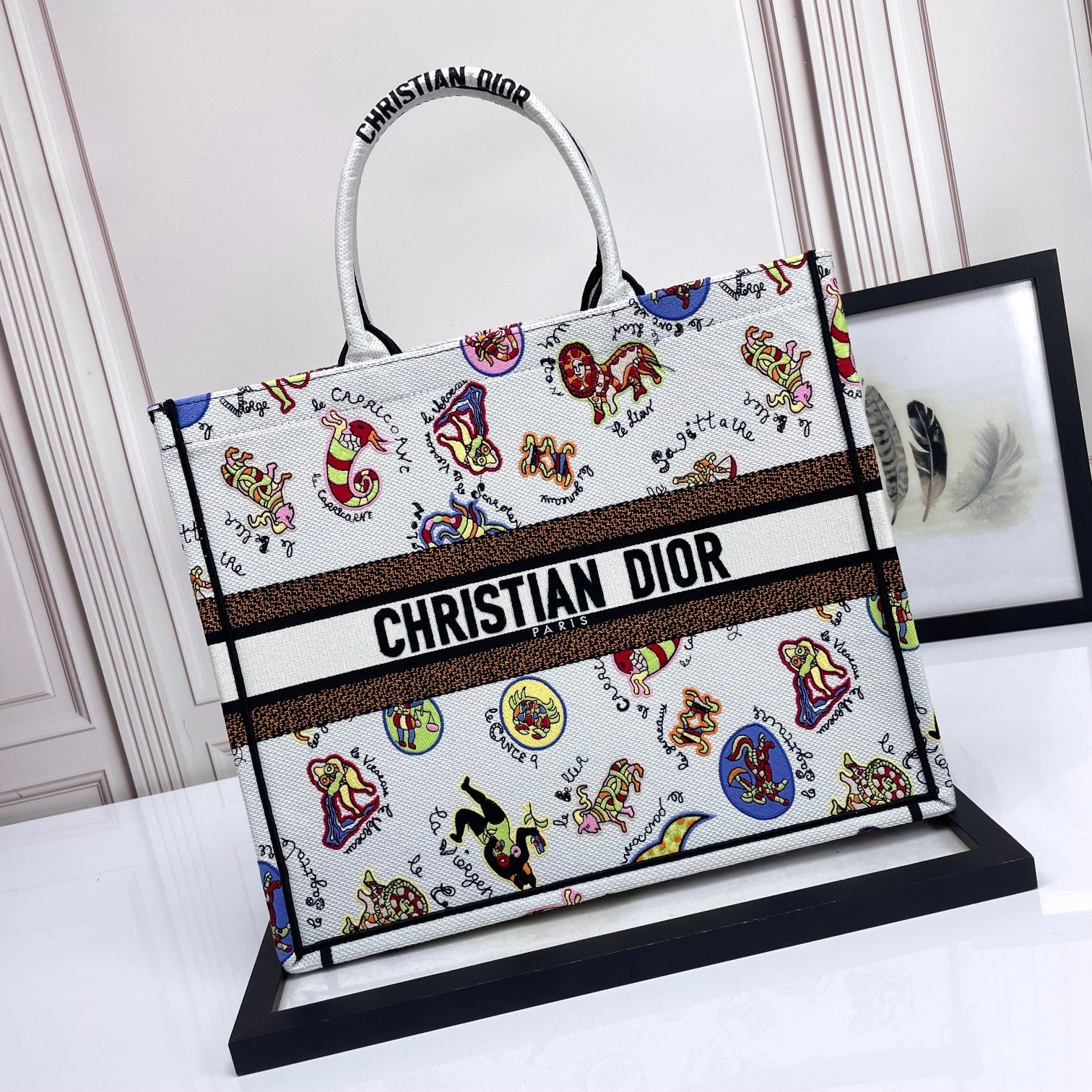 Dior Colorful Cartoon Animal Print Canvas Tote Bag with Top Handles