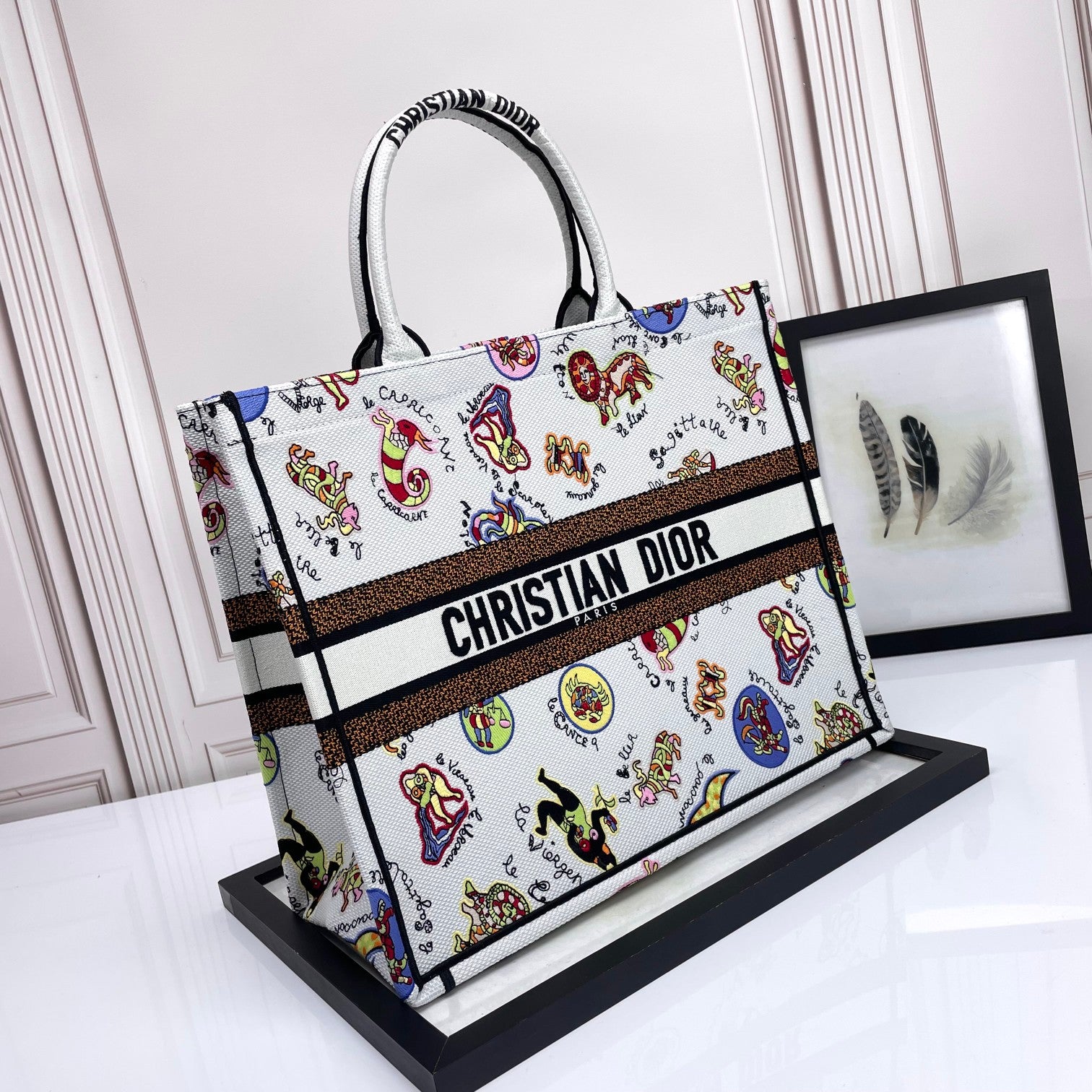 Dior Colorful Cartoon Animal Print Canvas Tote Bag with Top Handles