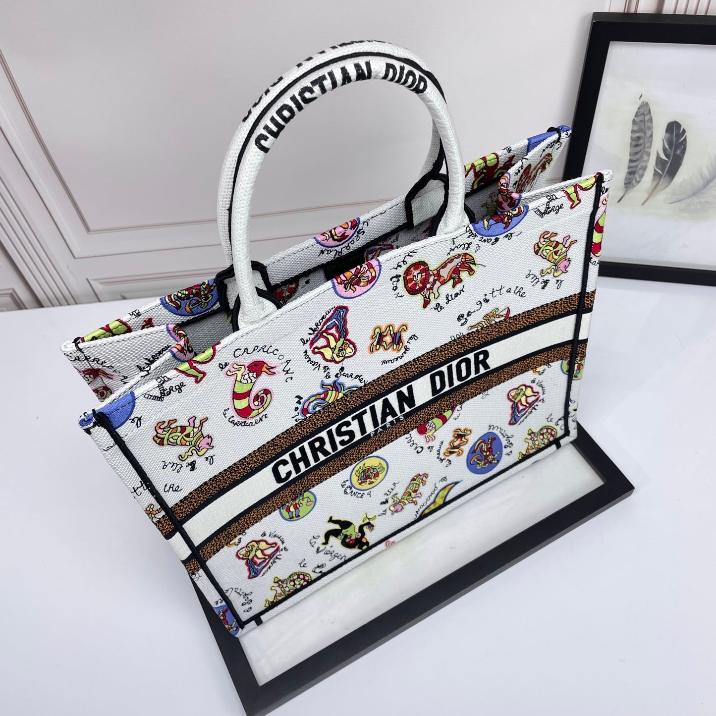 Dior Colorful Cartoon Animal Print Canvas Tote Bag with Top Handles