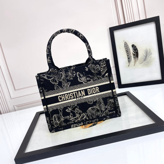 Dior Black Butterfly Embroidered Canvas Tote Bag Top Handle Handbag
