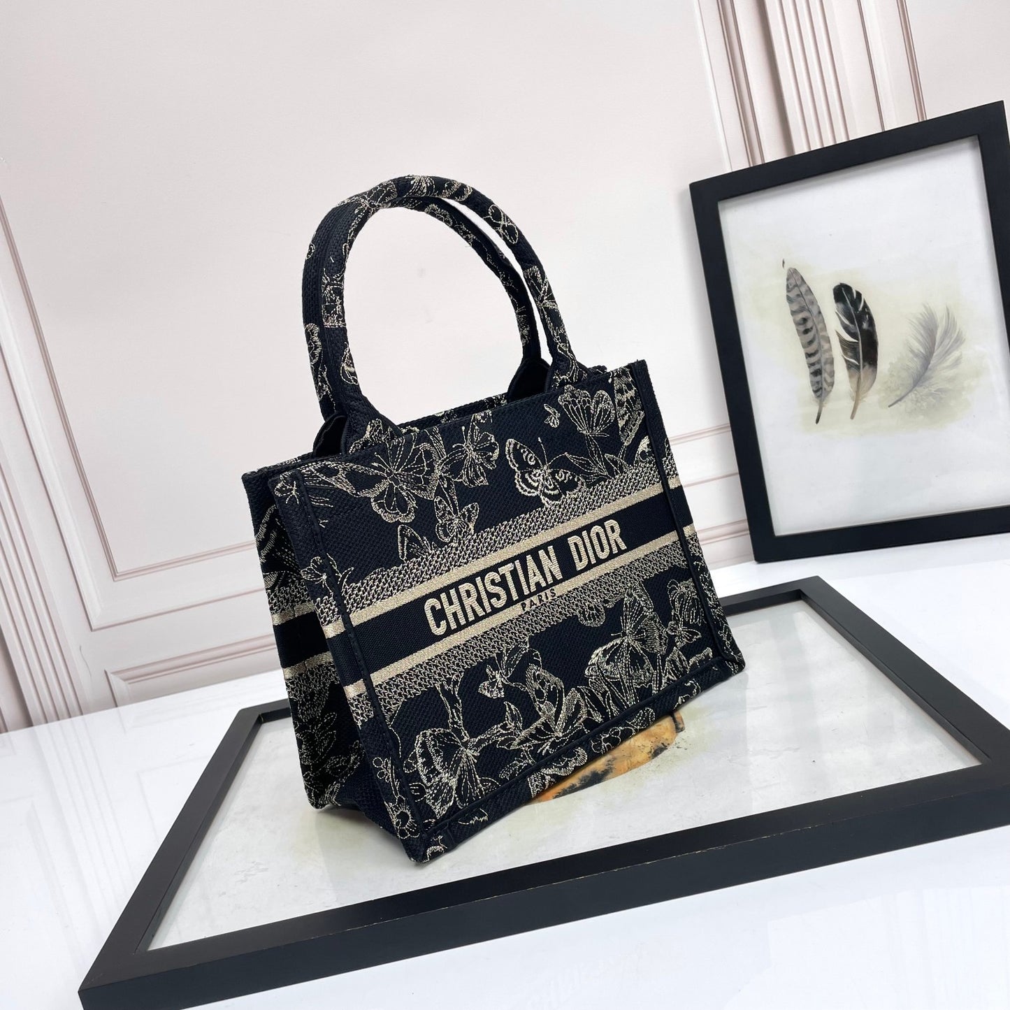 Dior Elegant Black and White Butterfly Pattern Canvas Tote Handbag