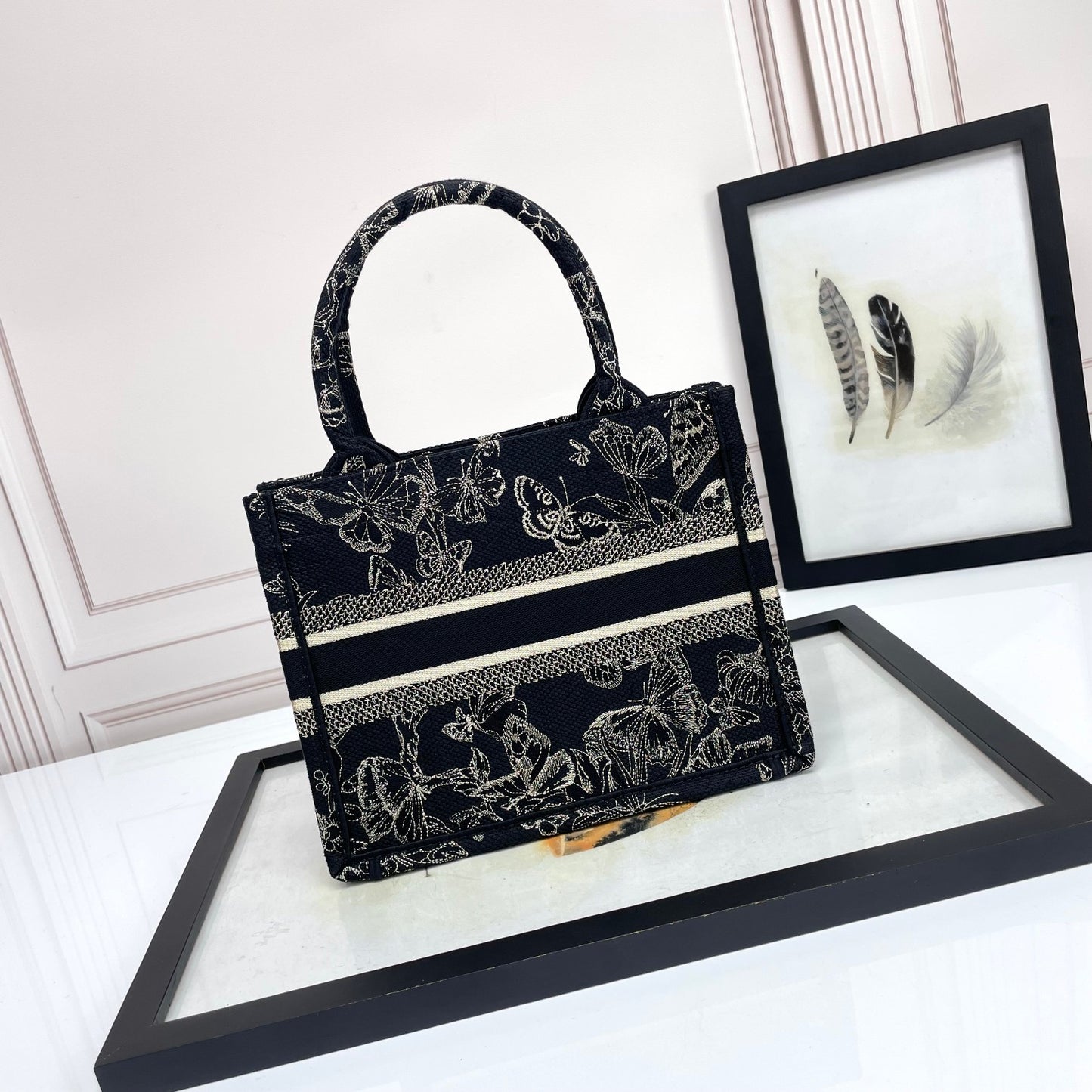 Dior Elegant Black and White Butterfly Pattern Canvas Tote Handbag