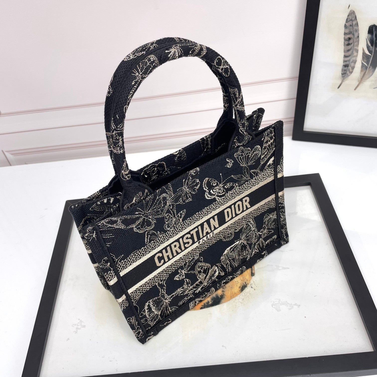 Dior Elegant Black and White Butterfly Pattern Canvas Tote Handbag