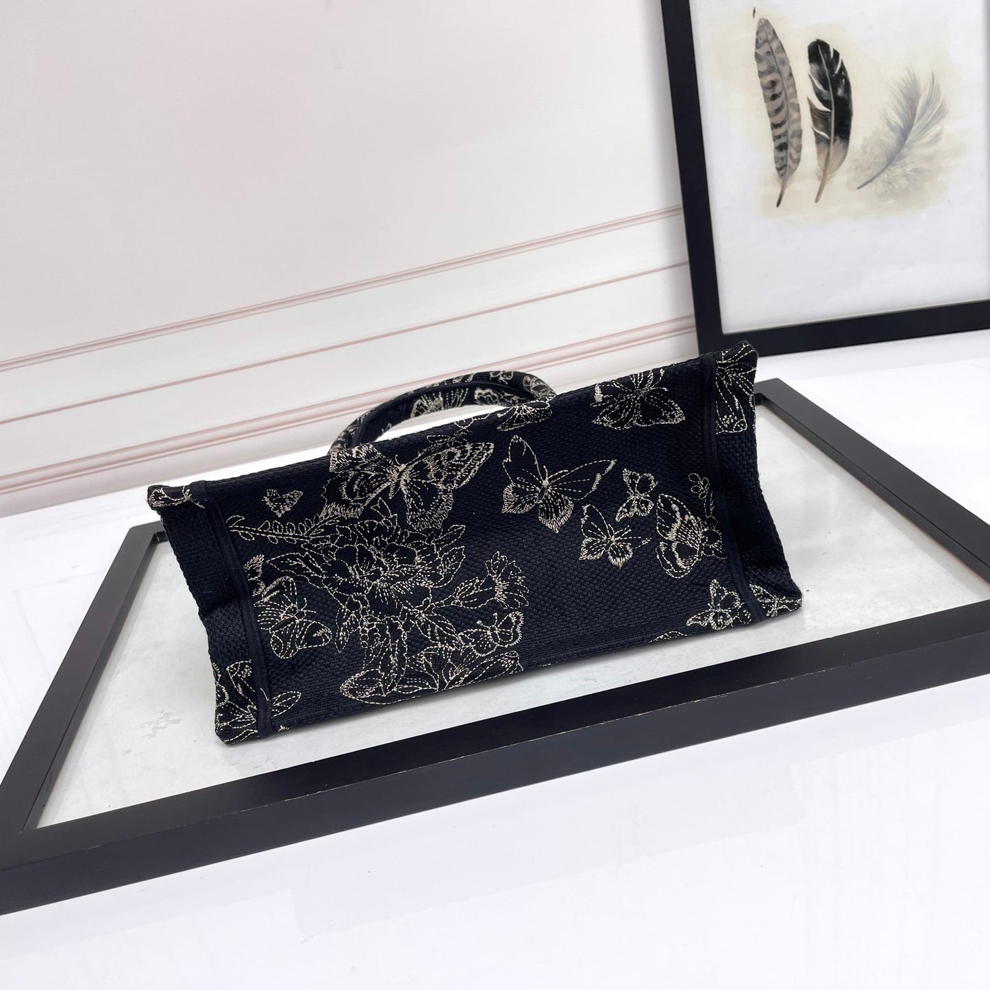 Dior Elegant Black and White Butterfly Pattern Canvas Tote Handbag